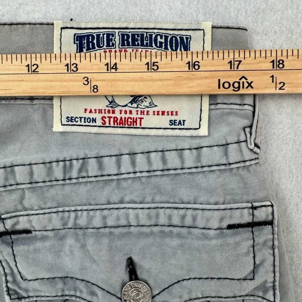 True Religion Jeans Mens 32 Gray Straight Rising Smoke Flap Pockets Distress NWT